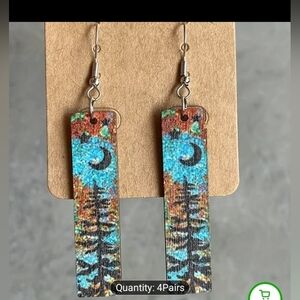 Earrings Western Wooden Pine Tree Moon Women's Dangle New f59